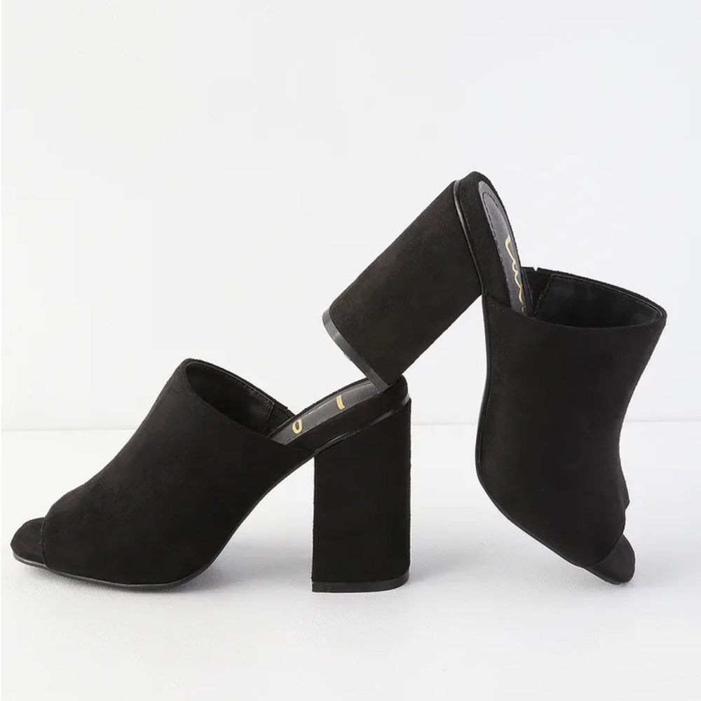 Lulus Raelynn Black Suede Peep-Toe Mules